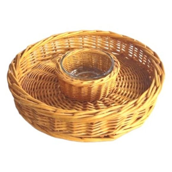 Vintage Boho Wicker Chip and Dip Tray with Glass Dip Bowl - Picture 1 of 10